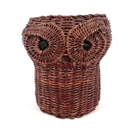 Vintage Wicker Rattan Woven Potpourri Basket Owl Collectible Adirondack Camp - Picture 1 of 11